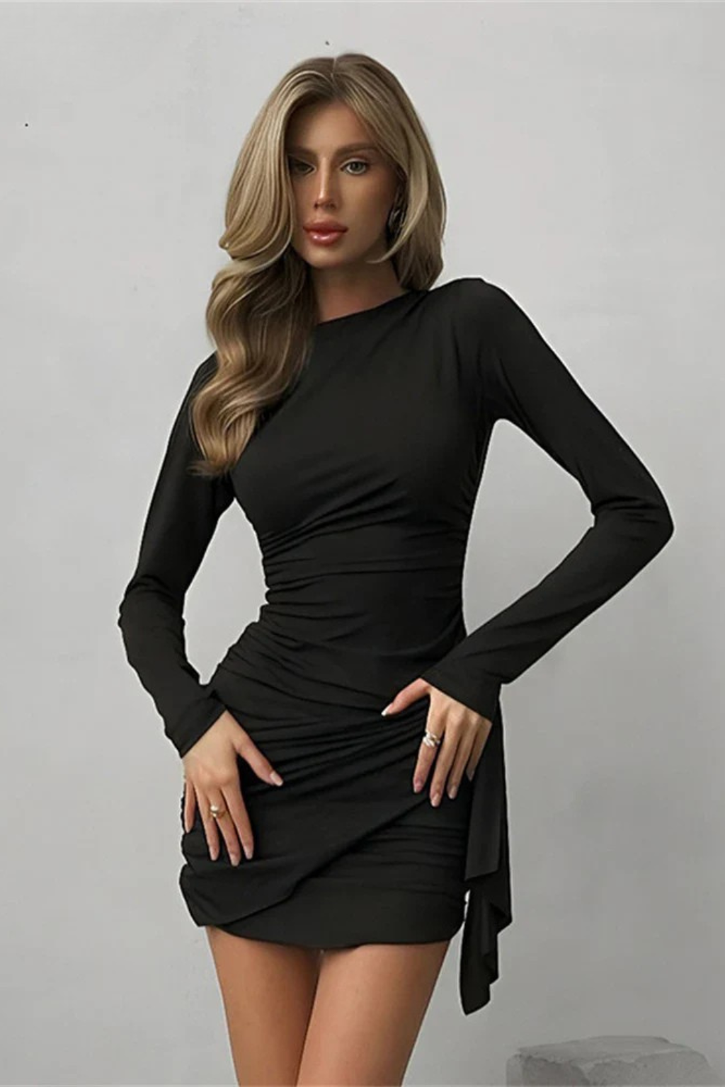 Women's Ruched Wrap Mini Dress with Long Sleeves & Side Tie – Evening & Occasion Dress