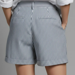 Women's Striped High-Waist Tailored Shorts with Button Front – Turn-Up Hem Summer Shorts