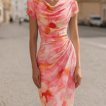Women's Floral Cowl Neck Bodycon Midi Dress – Fitted Evening and Occasion Dress
