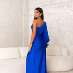 Women's Asymmetric Neckline Pleated Evening Dress – Elegant Formal Dress for Weddings & Galas