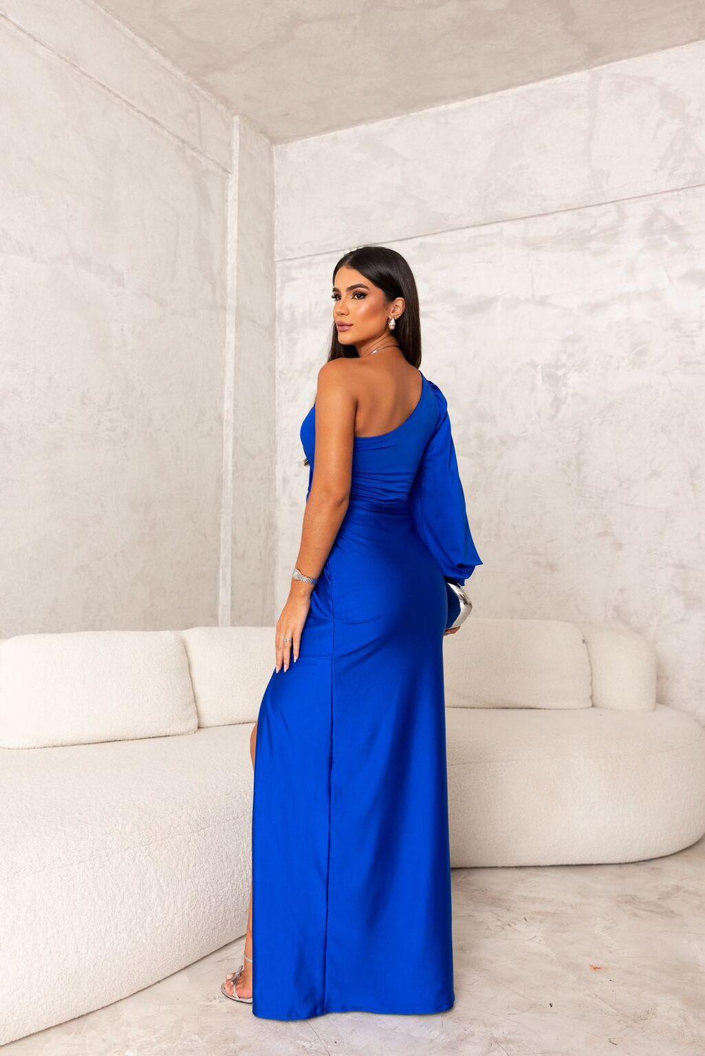 Women's Asymmetric Neckline Pleated Evening Dress – Elegant Formal Dress for Weddings & Galas