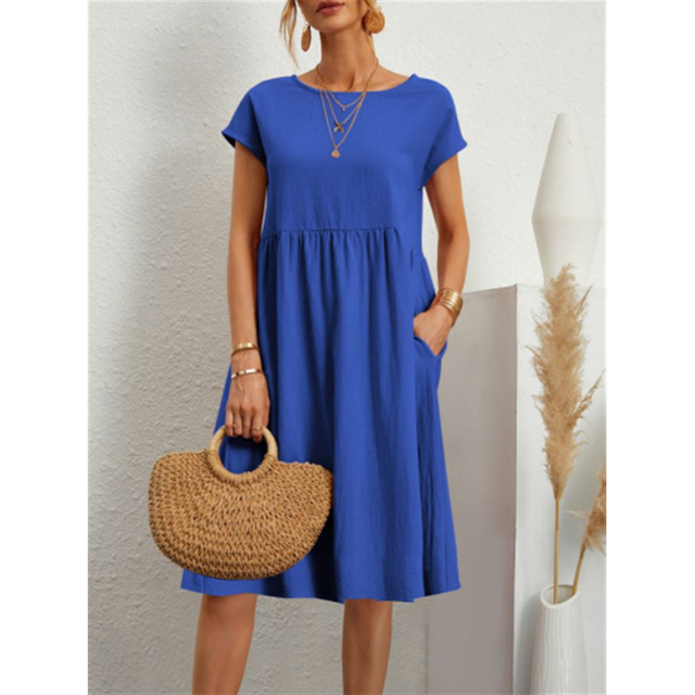 Women's Linen-Look Midi Dress – Relaxed Summer Day Dress for Brunch, Travel & Weekends