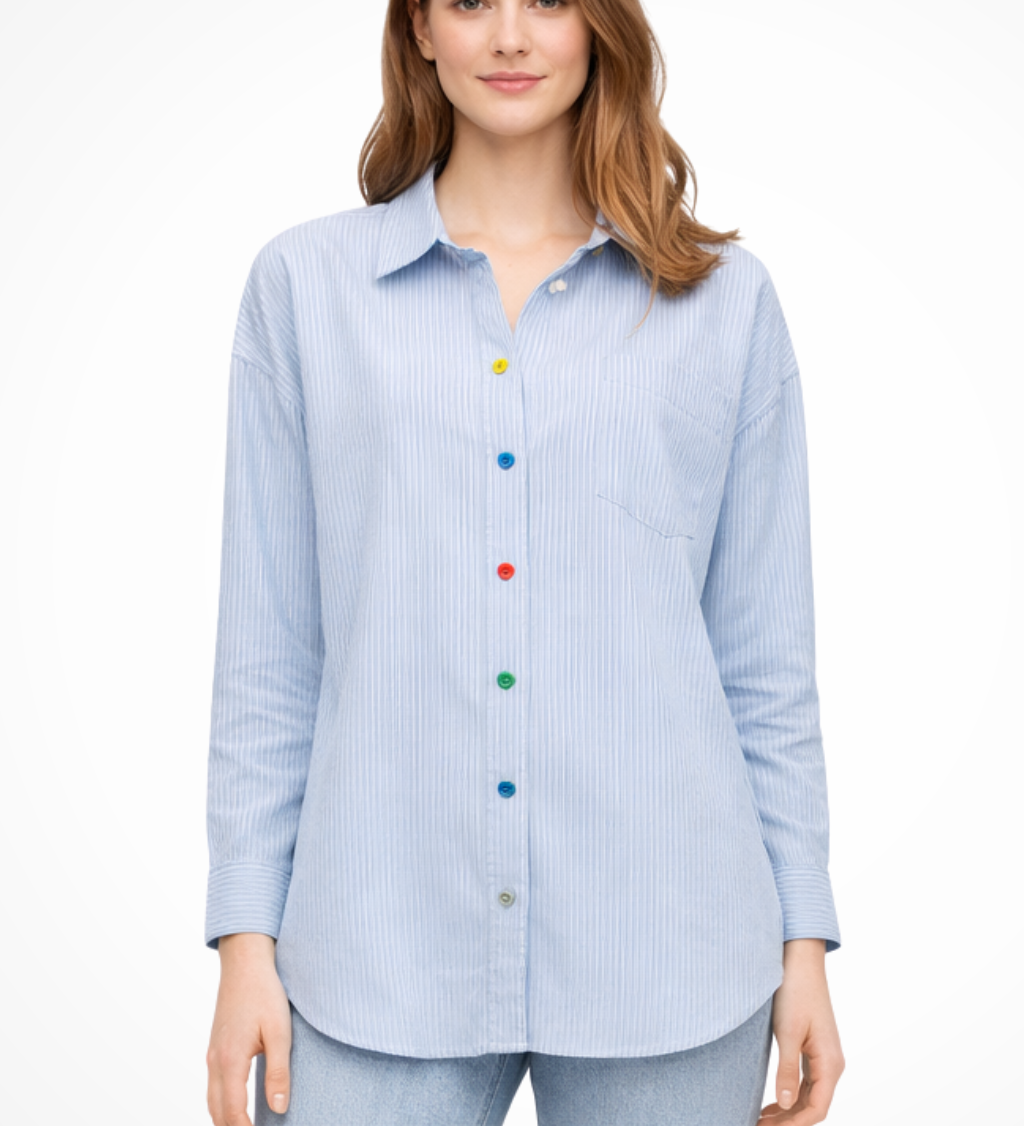 Women's Oversized Striped Button-Down Denim Shirt – Long Sleeve Casual Shirt