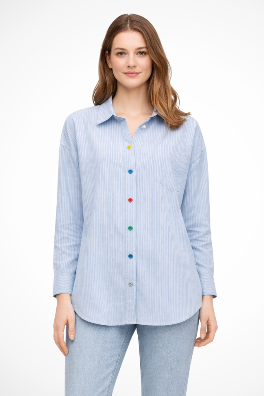 Women's Oversized Striped Button-Down Denim Shirt – Long Sleeve Casual Shirt