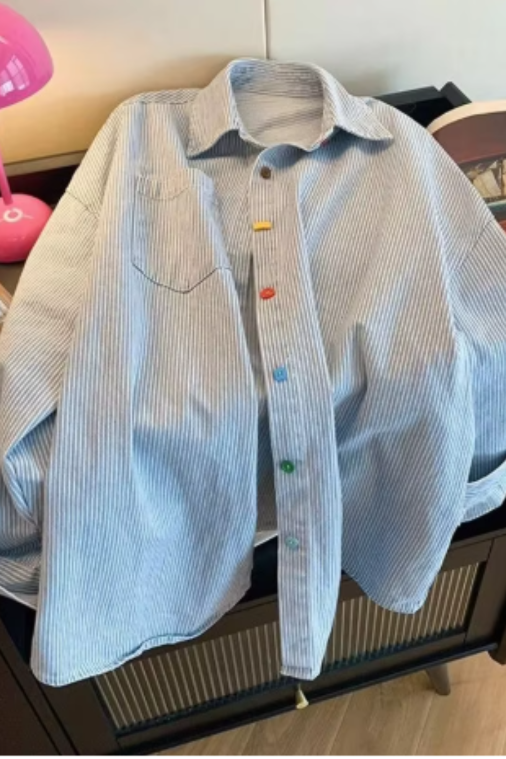 Women's Oversized Striped Button-Down Denim Shirt – Long Sleeve Casual Shirt