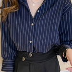 Women's Striped Long Sleeve Shirt with Turn-Down Collar – Button-Up Work & Casual Top