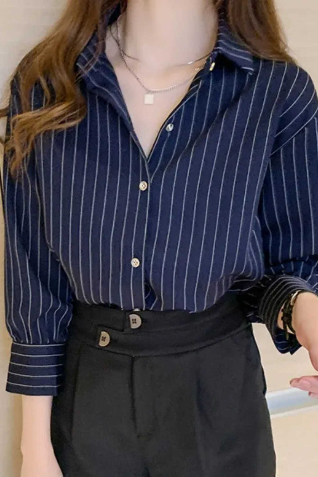 Women's Striped Long Sleeve Shirt with Turn-Down Collar – Button-Up Work & Casual Top