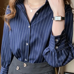 Women's Striped Long Sleeve Shirt with Turn-Down Collar – Button-Up Work & Casual Top