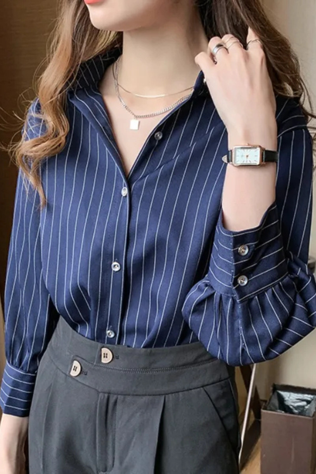 Women's Striped Long Sleeve Shirt with Turn-Down Collar – Button-Up Work & Casual Top