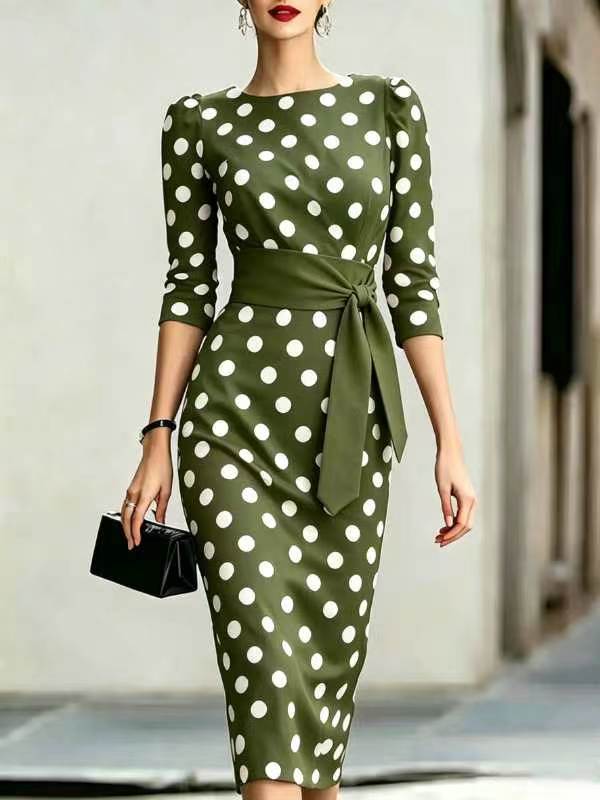 Women's Polka Dot Midi Dress – Elegant Day Dress for Brunch, Garden Parties & Race Days