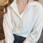 Women's Striped Long Sleeve Shirt with Turn-Down Collar – Button-Up Work & Casual Top