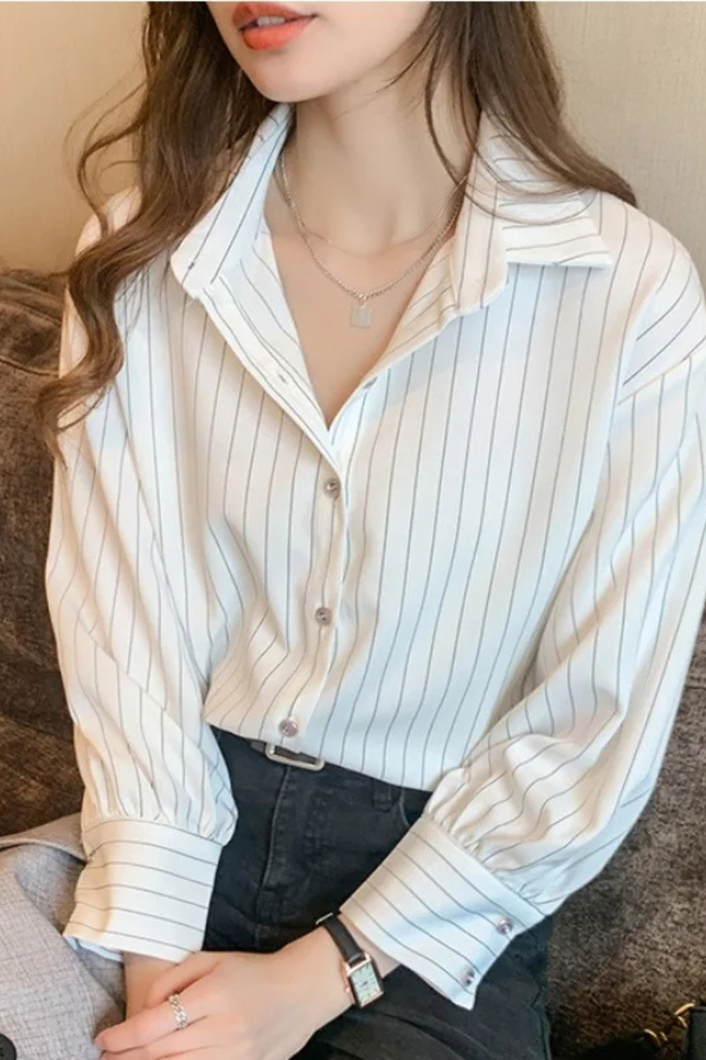 Women's Striped Long Sleeve Shirt with Turn-Down Collar – Button-Up Work & Casual Top