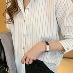 Women's Striped Long Sleeve Shirt with Turn-Down Collar – Button-Up Work & Casual Top