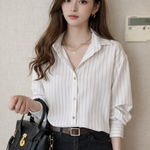 Women's Striped Long Sleeve Shirt with Turn-Down Collar – Button-Up Work & Casual Top