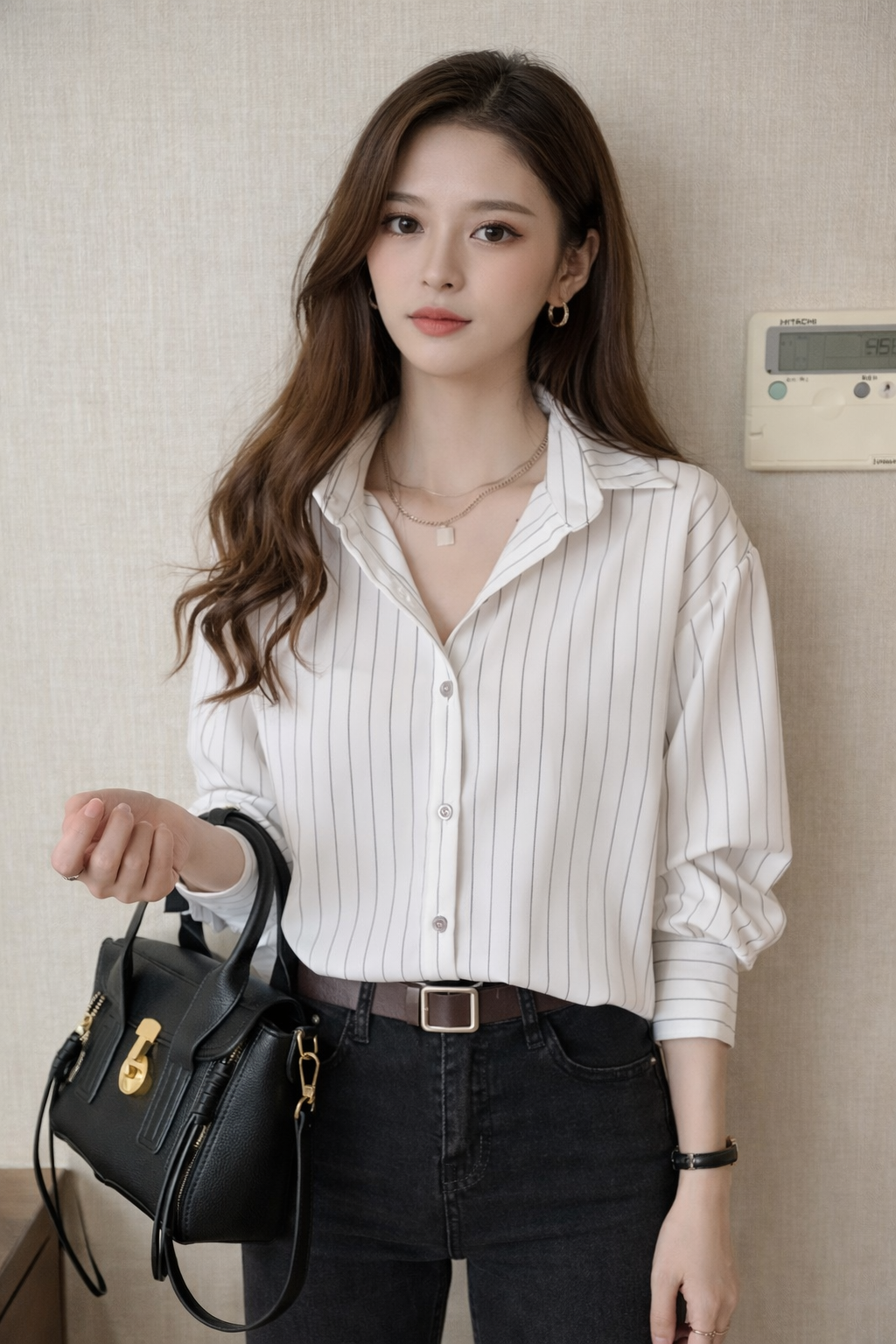 Women's Striped Long Sleeve Shirt with Turn-Down Collar – Button-Up Work & Casual Top
