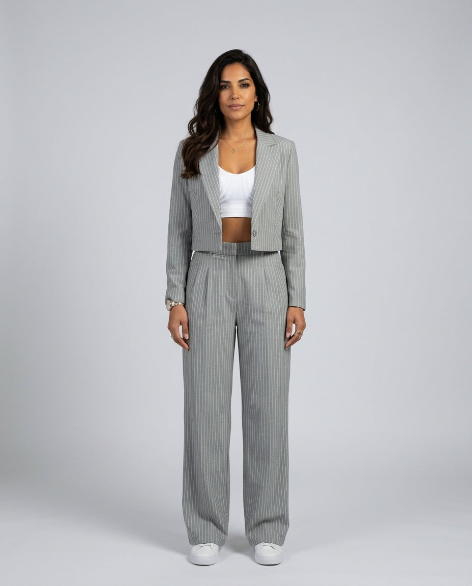 Women's Pinstripe Blazer & Wide Leg Pants Co-ord Set – Tailored Two-Piece Suit