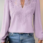 Women's Lace Applique V Neck Blouse with Balloon Sleeves – Dobby Chiffon Occasion Top