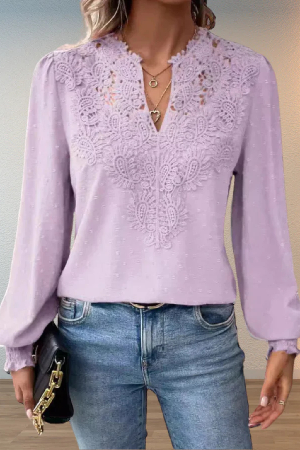 Women's Lace Applique V Neck Blouse with Balloon Sleeves – Dobby Chiffon Occasion Top