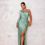 Women's Asymmetric Neckline Pleated Evening Dress – Elegant Formal Dress for Weddings & Galas