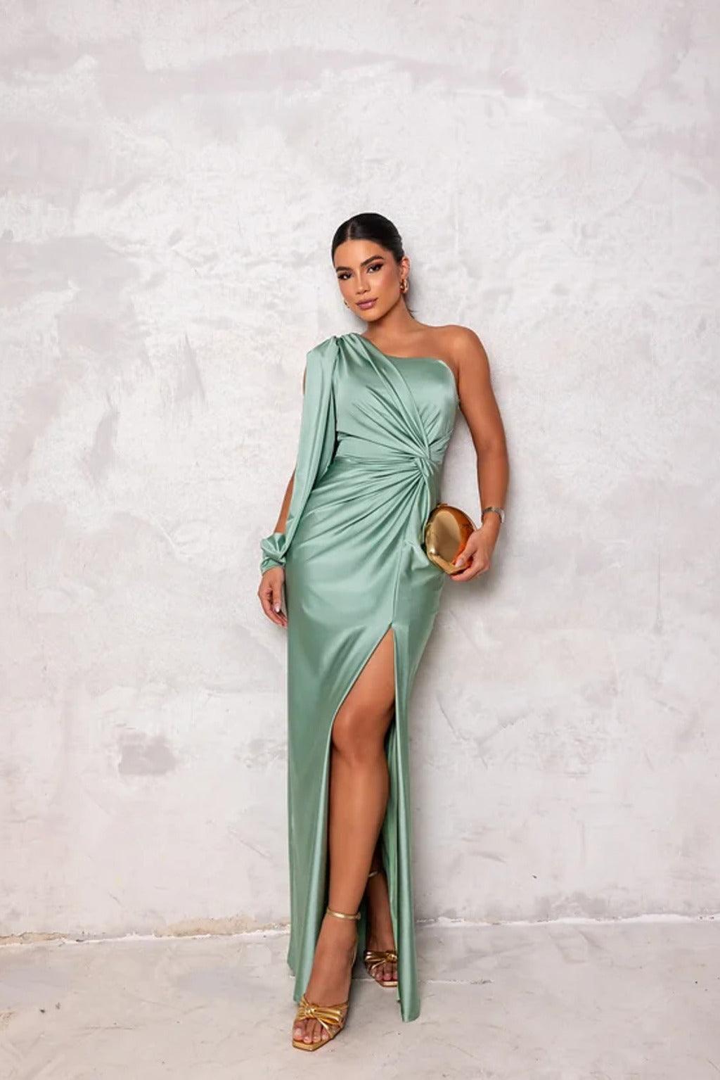 Women's Asymmetric Neckline Pleated Evening Dress – Elegant Formal Dress for Weddings & Galas