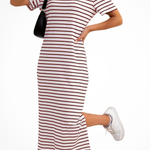 Women's Striped Midi Dress with Short Sleeves & Side Split – Casual Summer Day Dress