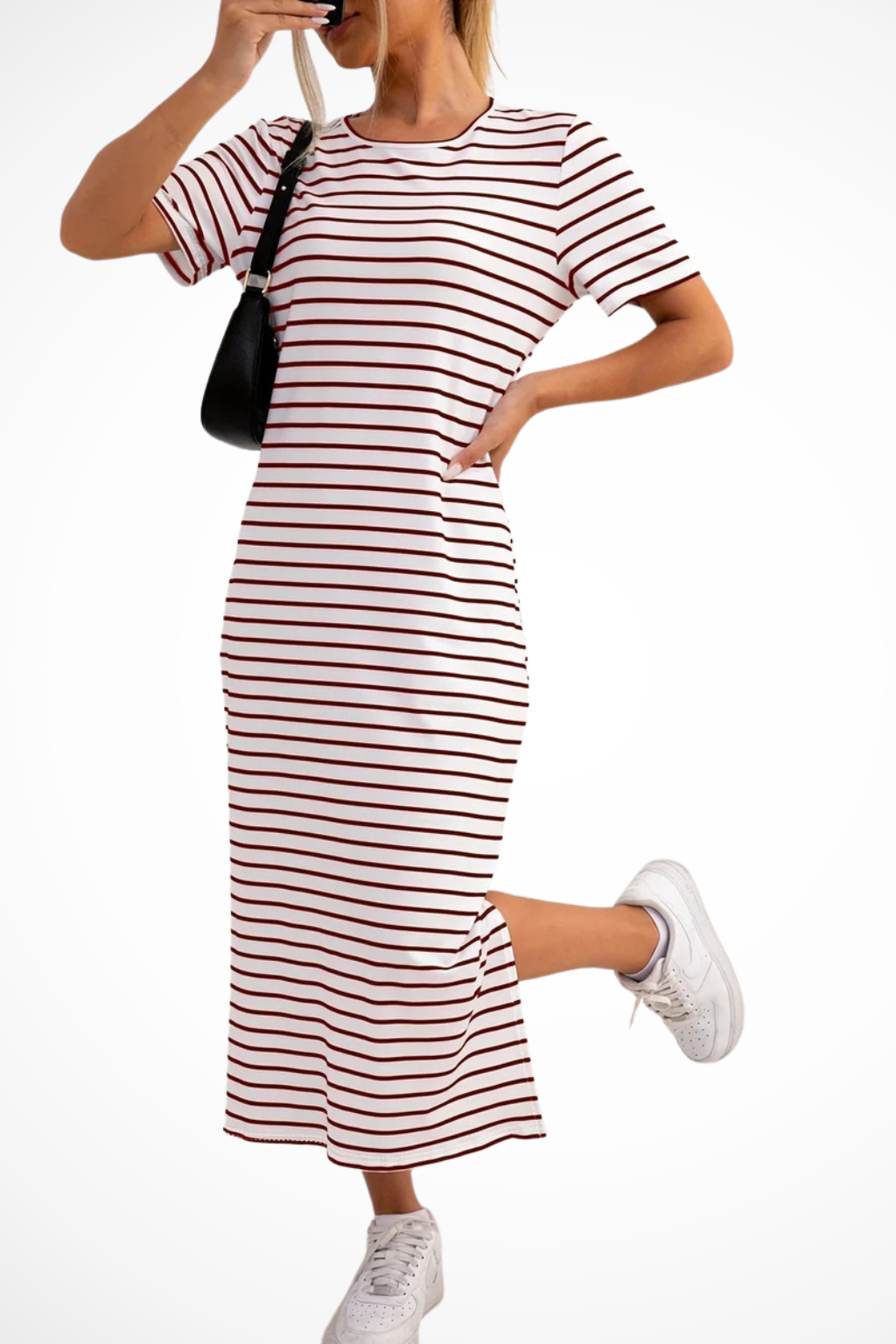 Women's Striped Midi Dress with Short Sleeves & Side Split – Casual Summer Day Dress