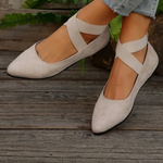 Women's Pointed Toe Ballet Flats with Cross Ankle Straps – Matte Everyday Flat Shoes