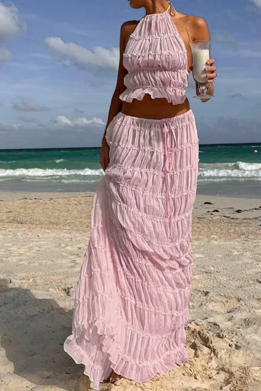 Women's Ruched Halter Crop Top and Maxi Skirt Set – Two-Piece Summer Co-Ord Outfit
