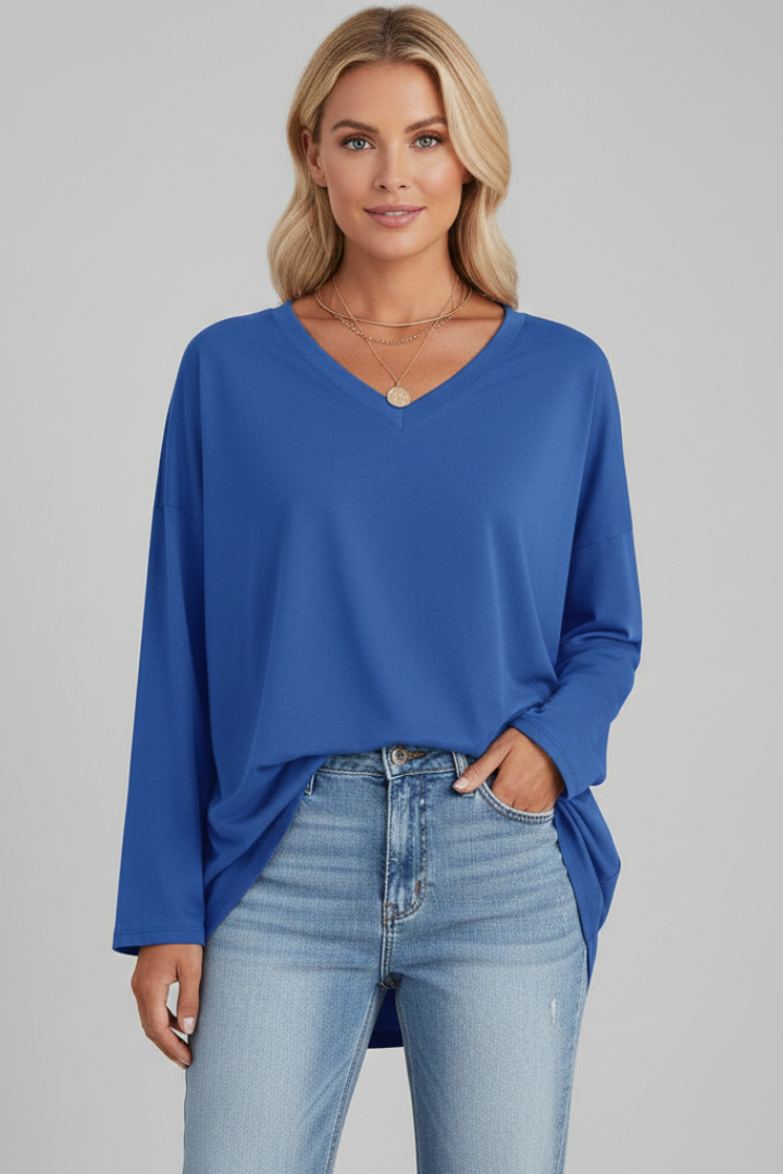Women's V Neck Long Sleeve Top – Loose Fit Pull-On Everyday Top for Work & Weekend