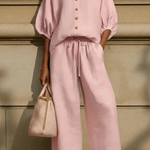 Women's Linen Co-Ord Set with Peter Pan Collar Blouse & Wide Leg Pants – Two-Piece Outfit