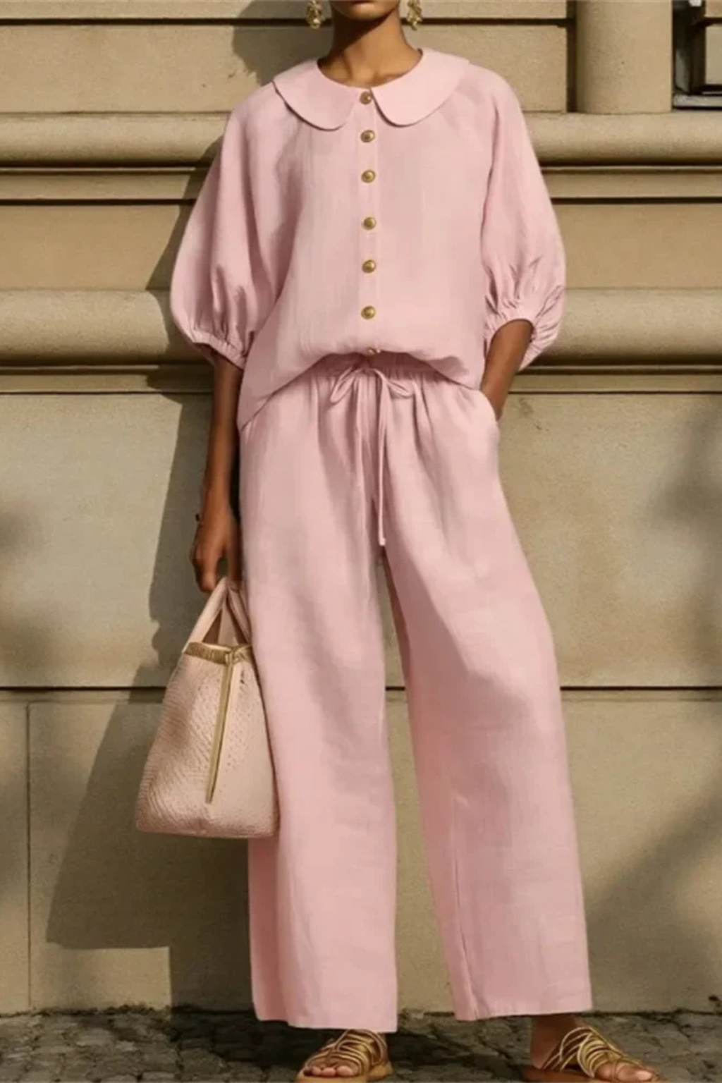 Women's Linen Co-Ord Set with Peter Pan Collar Blouse & Wide Leg Pants – Two-Piece Outfit