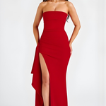Women's Strapless Twisted Bodice Maxi Dress with High Slit – Formal Evening and Wedding Guest Gown