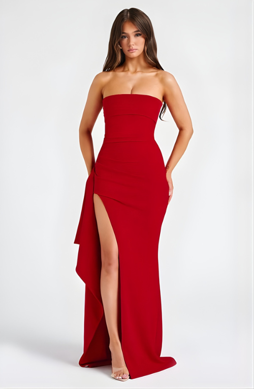 Women's Strapless Twisted Bodice Maxi Dress with High Slit – Formal Evening and Wedding Guest Gown