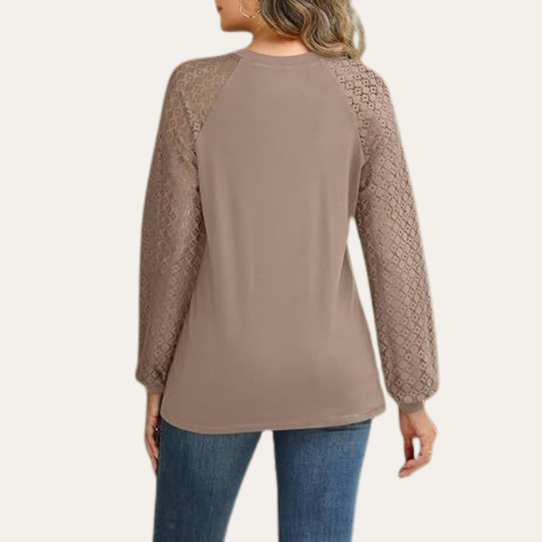 Women's Blouse with Lace Sleeves & Pleated Neckline – Elegant Top for Work & Dinner
