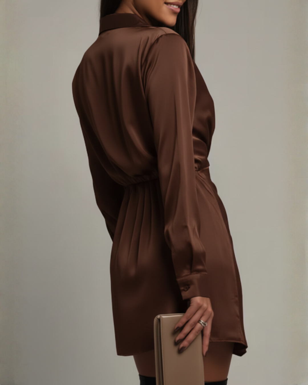 Women's Long Sleeve Satin-Finish Wrap Mini Dress with Collar – Office to Evening Dress