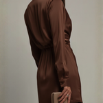 Women's Long Sleeve Satin-Finish Wrap Mini Dress with Collar – Office to Evening Dress