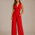Women's Deep V-Neck Wide-Leg Jumpsuit – Fitted Waist Elegant Jumpsuit for Dinners & Parties