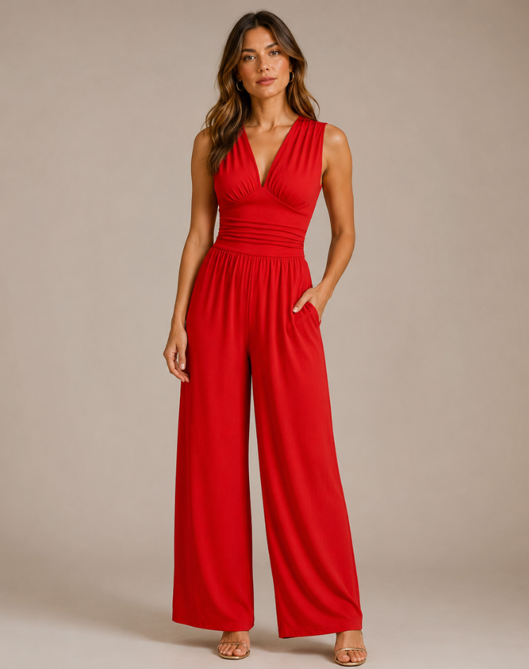 Women's Deep V-Neck Wide-Leg Jumpsuit – Fitted Waist Elegant Jumpsuit for Dinners & Parties