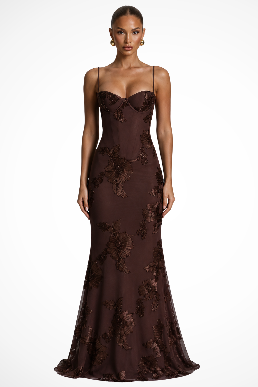 Women's Floral Embroidered Corset Maxi Dress with Cami Straps – Wedding Guest & Formal Dress