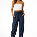 Women's Linen Cropped Pants with Drawstring Waist & Button Hem – Summer Pants for Holidays