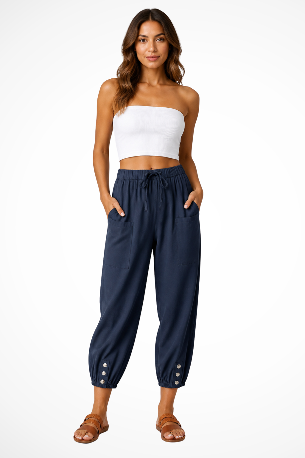 Women's Linen Cropped Pants with Drawstring Waist & Button Hem – Summer Pants for Holidays