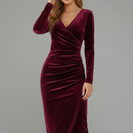 Women's V-Neck Long Sleeve Midi Dress with Wrap Skirt – Elegant Day to Evening Dress