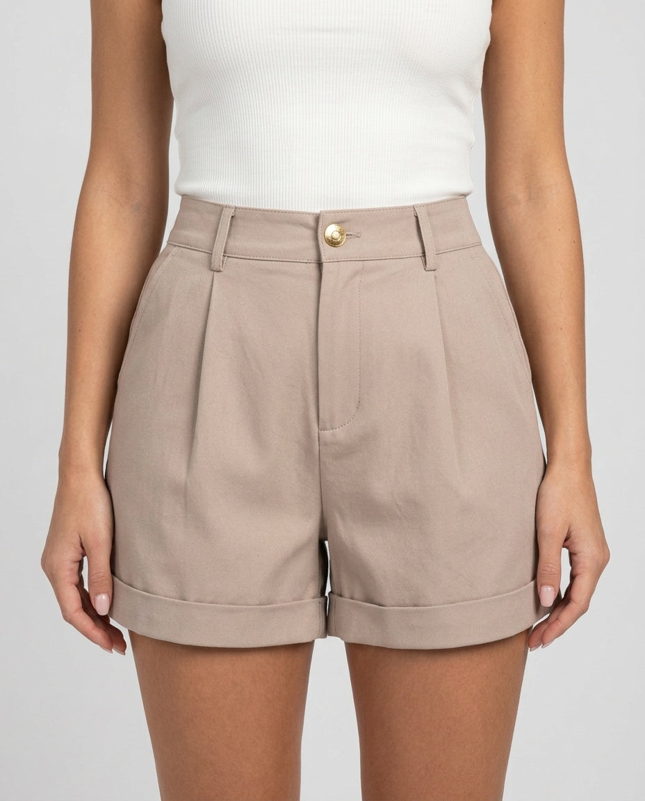 Women's High-Waist Wide-Leg Shorts with Turn-Up Hem – Cotton Blend Summer Shorts