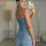 Women's Sequin Strapless Crop Top & High-Waist Jeans Set – Two-Piece Party Outfit for Nights Out