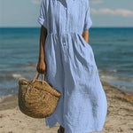 Women's Pintuck Linen-Look Maxi Shirt Dress – Relaxed Summer Dress for Beach, Brunch & Holidays