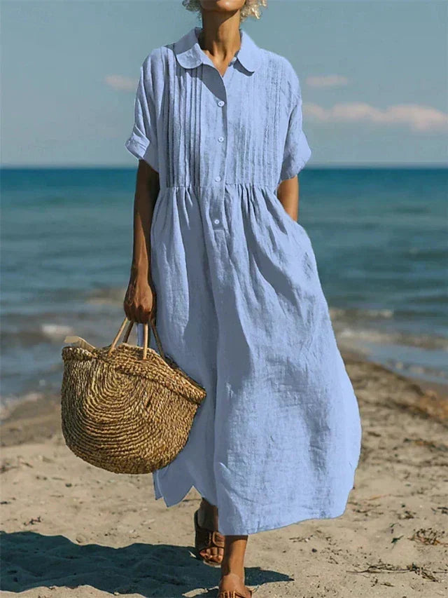 Women's Pintuck Linen-Look Maxi Shirt Dress – Relaxed Summer Dress for Beach, Brunch & Holidays