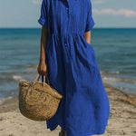 Women's Pintuck Linen-Look Maxi Shirt Dress – Relaxed Summer Dress for Beach, Brunch & Holidays
