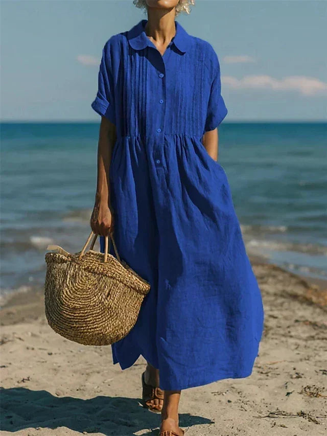 Women's Pintuck Linen-Look Maxi Shirt Dress – Relaxed Summer Dress for Beach, Brunch & Holidays