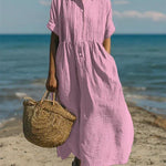 Women's Pintuck Linen-Look Maxi Shirt Dress – Relaxed Summer Dress for Beach, Brunch & Holidays