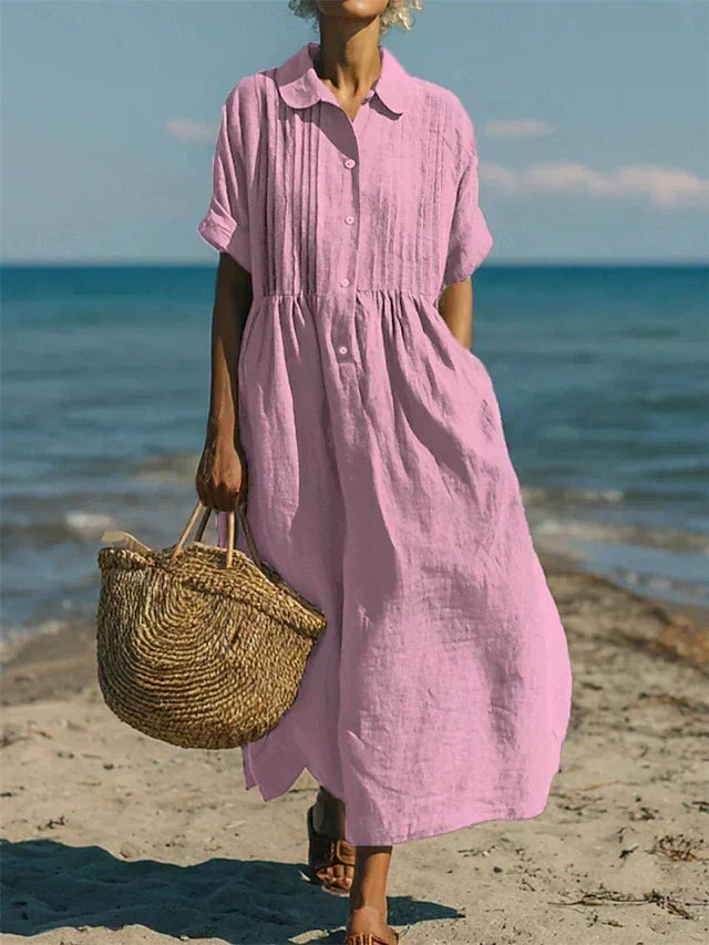 Women's Pintuck Linen-Look Maxi Shirt Dress – Relaxed Summer Dress for Beach, Brunch & Holidays